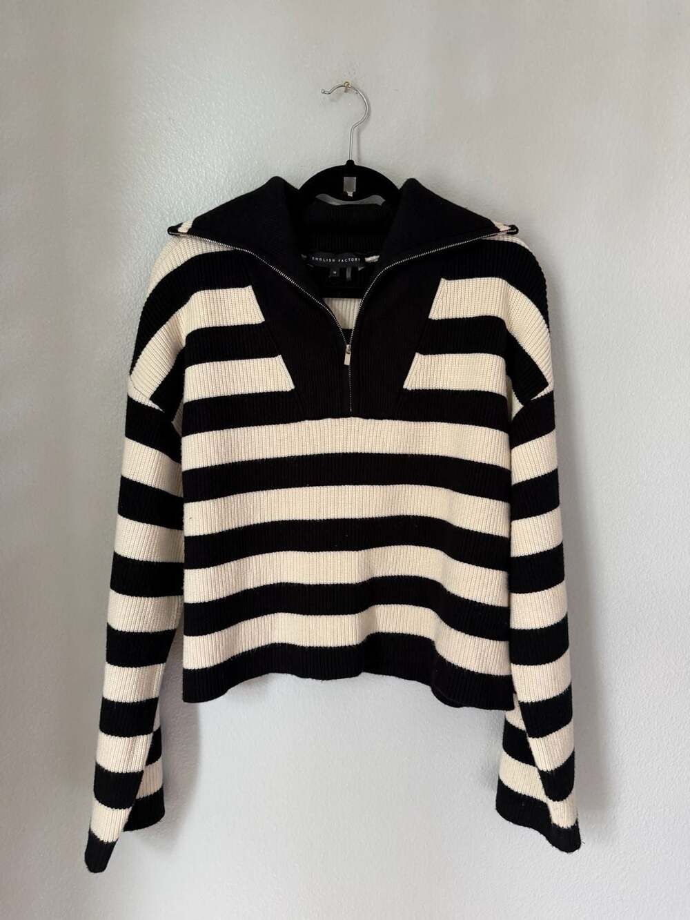 English Factory Black and White Striped Half-Zip Sweater Size M